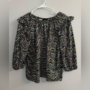 Ann Taylor LOFT Garden Dobby Tie Back Ruffle Blouse Womens Large Petite Floral